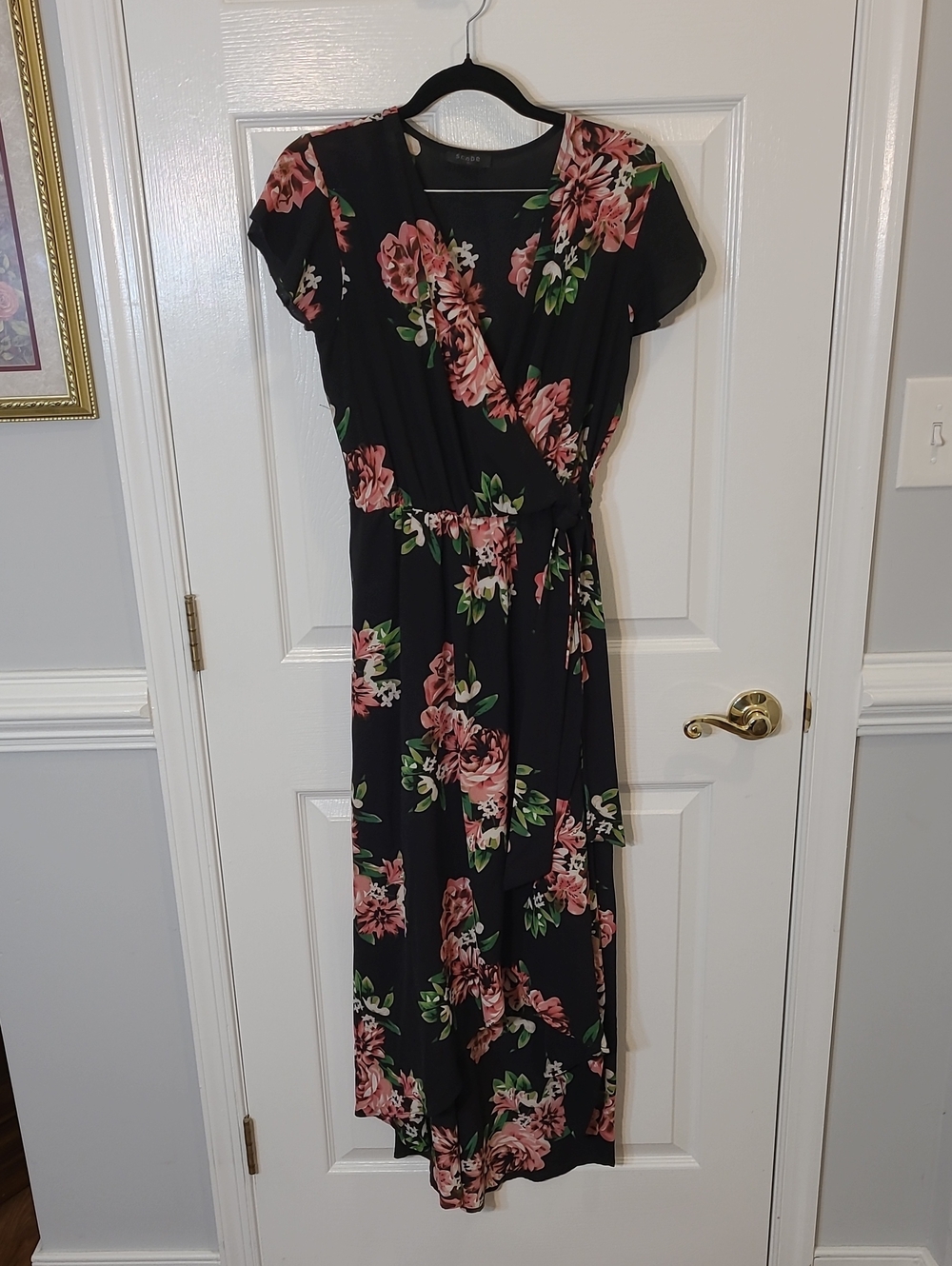 Black Floral Wrap High-Low Maxi Dress with Pink Roses